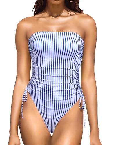Yonique Women Strapless One Piece Swimsuit Tummy Control Bandeau Bathing Suit Cheeky Swimwear Blue Striped M