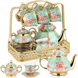 22 Pcs Vintage Porcelain Tea Sets for 6, Green Peony Floral