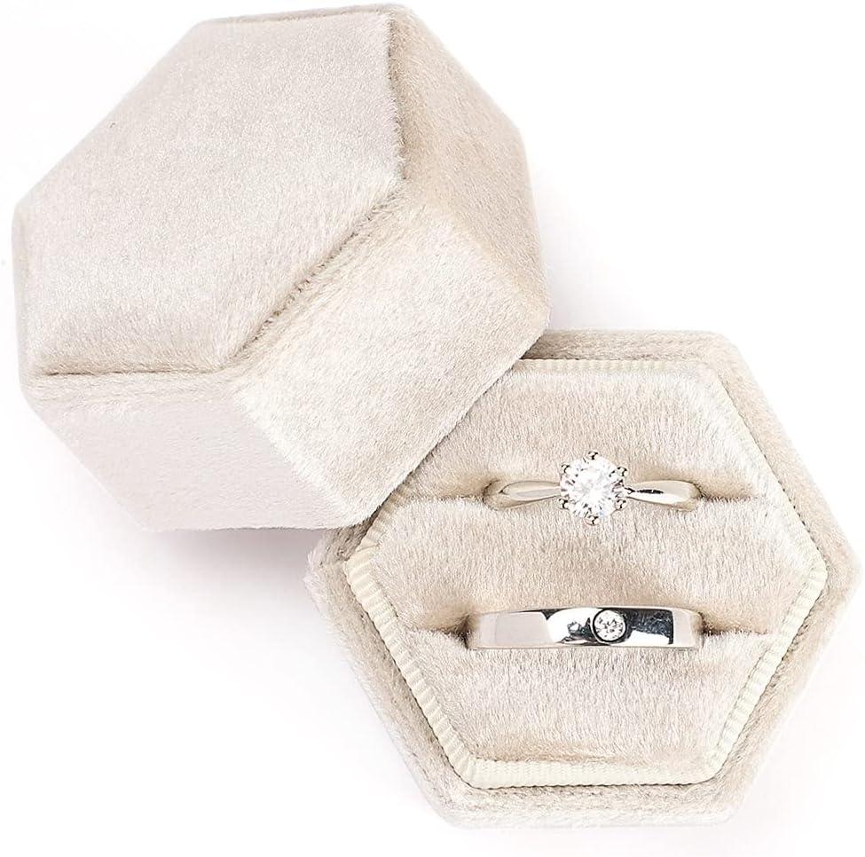 Etercycle Velvet Jewelry Ring Box, Hexagon Premium Gorgeous Vintage Double Ring Gift Box with Detachable Lid for Proposal Engagement Wedding Ceremony(Beige)