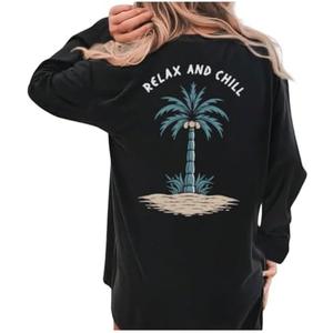 SweatyRocks Women's Palm Tree Letter Printed T-Shirt Casual Loose Fit Round Neck Long Sleeve Tee Tops, S