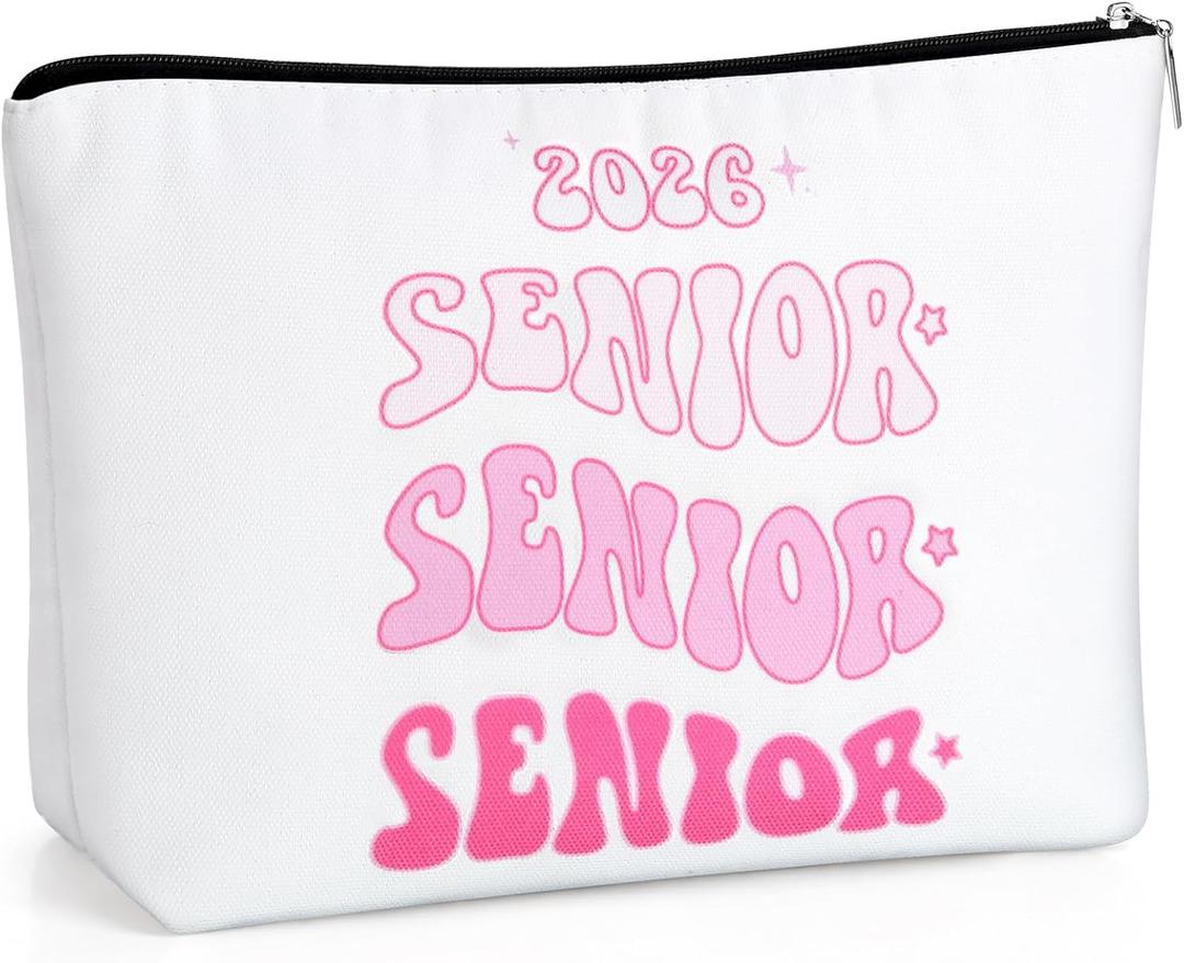 Huhumy Class of 2026 Senior Night Gifts Graduation Canvas Makeup Bags Zipper Organize Travel Cosmetic Pouch Double Sided Senior 2026 Gift for Her Women Team Coach Player(Pink)