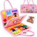 Guolely Busy Board Montessori Toy for 1 2 3 4 Year Old Toddlers - Educational Activity Developing Sensory Board for Basic Dress Fine Motor Skills - Travel Toys for Plane Car, Gift for Boys Girls (Pink)