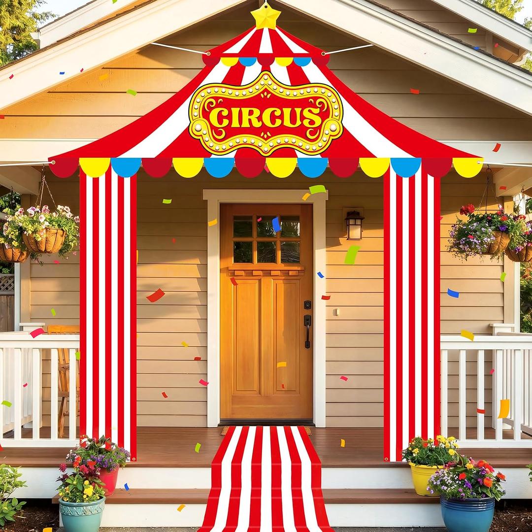 4 Pcs Carnival Circus Tent Decorations Set – Circus Theme Party Decorations with Awning, 2 Porch Sign Banners & Striped Aisle Runner for Carnival Theme Birthday Celebration