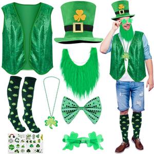 St Patricks Day Accessories Sequin Vest Leprechaun Costume Hat Green Faux Beard Glasses Shamrock Necklace Sock