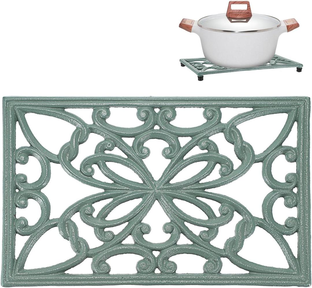 Sumnacon Cast Iron Trivet Heat Resistant Iron Trivets for Hot Dish Pot Pan Plate Teapot, Rustic Cast Iron Trivets for Cooktop Kitchen Dining Table, Rectangle Metal Trivet with Rubber Feets, Green (10 x 6.1 Inch)