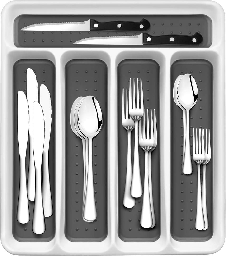 24-Piece Silverware Set, Flatware Set Mirror Polished, Dishwasher Safe Service for 4, Include Fork/Spoon with 5-Compartment Non Slip Silverware Drawer Organizer Box Tray