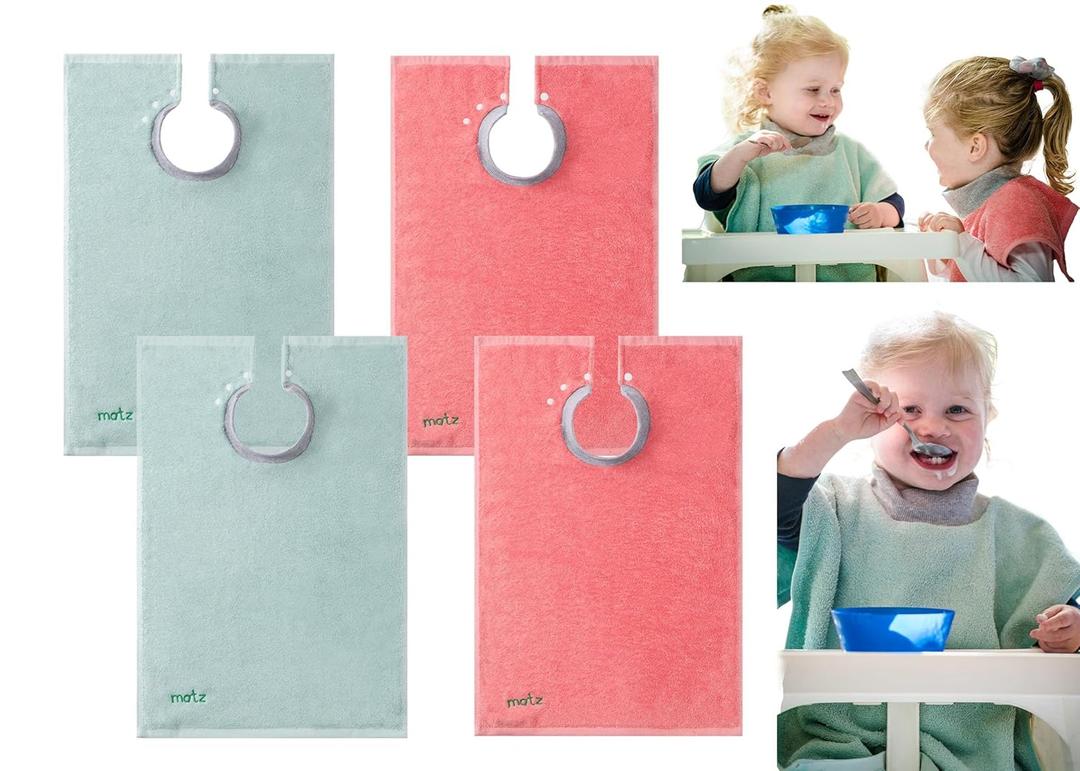 MATZ Terry Towel Snap On Toddler & Baby Bibs | For Feeding Drooling And Teething | Full Coverage For Babies | Ultra Absorbent 100% Cotton Bibs | Unisex | With Soft Ribbed Neck (Mint Green & Peach Coral X4)
