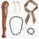 sanderala 5 Pcs Caveman Costumes Accessories Leopard Headband Necklace Tooth Bone Bracelet Earrings for Stone age Halloween Cosplay