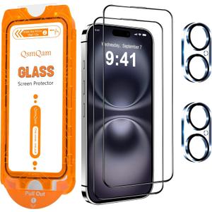 QsmQam for iPhone 16 Screen Protector + Camera Lens Protector, [Military Grade Shatterproof], Ultra Top 9H+ Tempered Glass, Full Coverage Screen, with Automatic Dust Removal [2+2 Pack], Set of 3