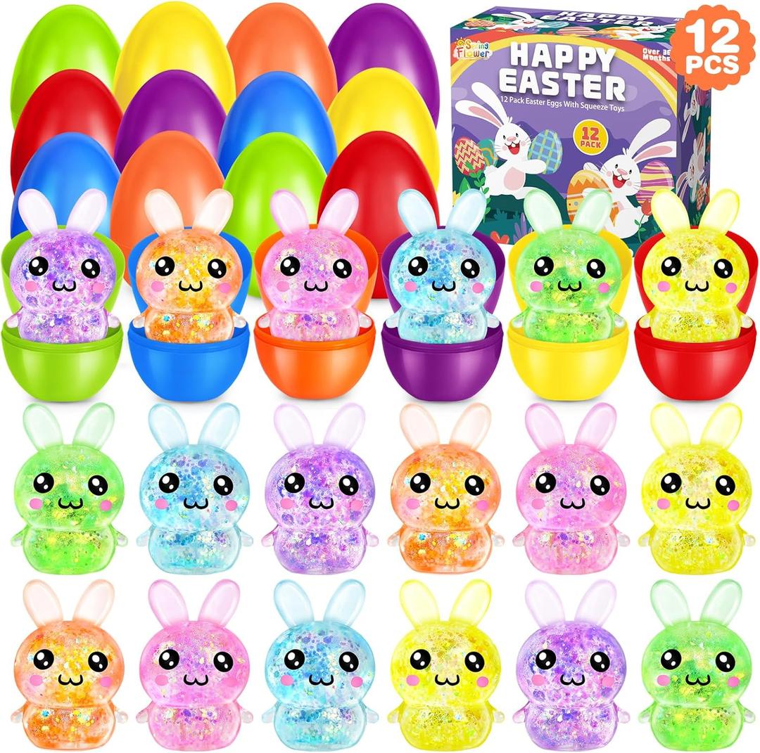 SpringFlower 12 Pack Filled Easter Eggs,Kids Easter Eggs Filled with Bunny Squeeze Toys,Easter Egg Hunt Basket Stuffers,Party Favors,Classroom Easter Gift for Kids