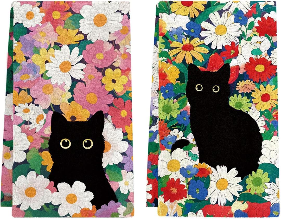 Black Cat Floral Kitchen Towels - Set of 2 Flower Cat Dish Towel for Kitchen Drying, Soft Absorbent Cute Dish Towels Cats Spring, Black Cats Flower Dishes Towel for Home Cooking Housewarming
