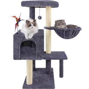 35.4'' Multifunction Cat Tree with Cozy Hammock & Hanging Ball, Cat Tower with Activity Cat Condo & Jute-Covered Scratching Posts, Grey