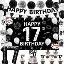 Holkcog 17th Birthday Decorations for Boys Girls, Black 17th Birthday Decorations Supplies, 17 Number Ballons Gifts, Black Glitter Bruh I'm 17 Cake Topper Cupcake, Bro I'm 17 Party Backdrop Banner
