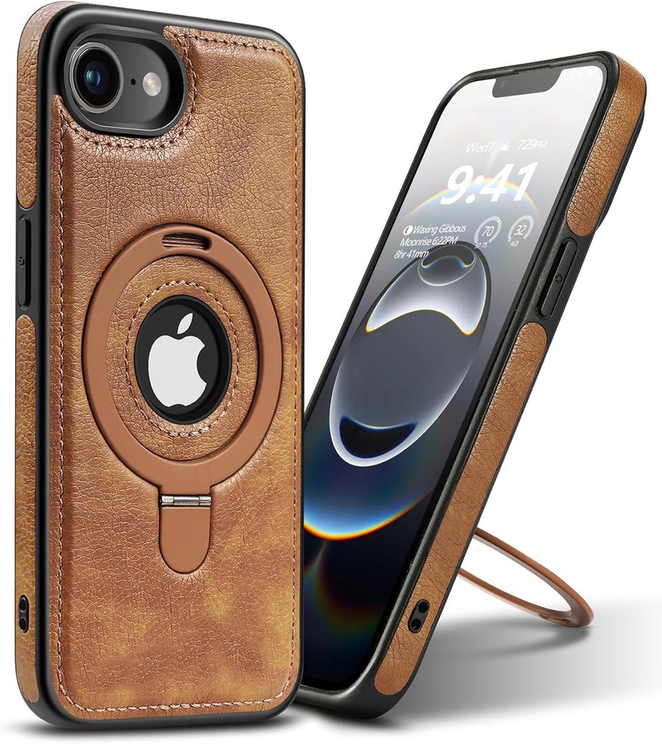 Magnetic for iPhone 17e / 16e Leather Case, Invisible Stand [Compatible with Magsafe] Slim Kickstand Phone Cove (Brown)