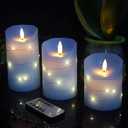 danip Sky Blue LED Flameless Candle, with Embedded Star String, 3-Piece Set of LED Candles, with 11 Button Remote Control, 24-Hour Timer Function, Dancing Flames, Real Wax, Battery Powered.