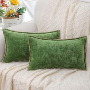 decorUhome Fall Chenille Soft Throw Pillow Covers 12x20 Set of 2, Lumbar Velvet Farmhouse Neutral Decorative Pillow Covers with Stitched Edge for Couch Sofa Bed Home Decor, Forest Elf
