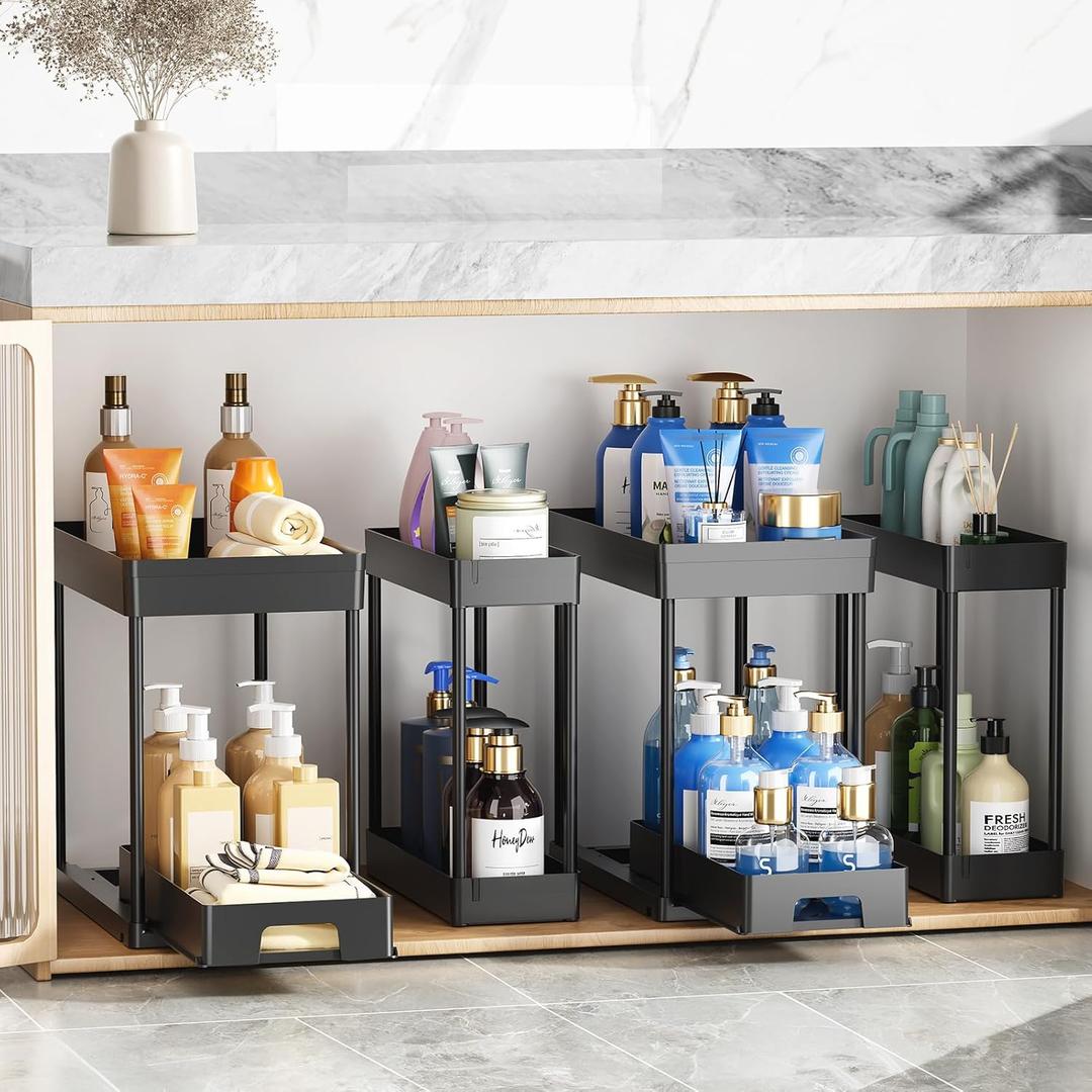 Delamu 4 Pack Under Sink Organizers and Storage, 2 Tier Black Bathroom Cabinet Organizer, Multi-Use Kitchen Bathroom Organizers and Storage, Black