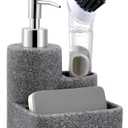 ZCCZ Black Soap Dispenser with Sponge Holder, Kitchen Soap Dispenser Pump, Sponge Caddy and Brush Holder 3 in 1 Set Organizer for Sink Countertop, Removable Tray, Marble Look (Brush NOT Included) (Granite Effect)