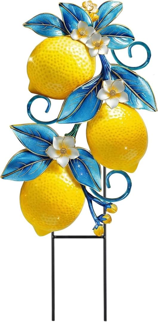 Amyhill Italian Capri Blue Lemon Outdoor Decoration, Summer Mediterranean Metal Garden Stake, Amalfi Coast Citrus Italy Lemon Yard Sign, Rustic Farmhouse Ornament for Summer Holiday Lawn Patio Decor