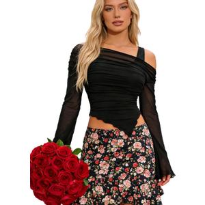 OYOANGLE Women's Long Sleeve Shirt Mesh Crop Top Asymmetrical Hem Crop Blouse Y2K Going Out Top Club Party (Black)
