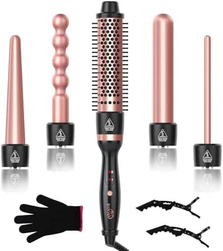 5 in 1 Curling Wand Set, Sixriver Hair Curling Iron with Curling Thermal Brush&4 Interchangeable Ceramic Curling Wand(0.4”-1.25”), Long Lasting Curls, Fast Heating Hair Wand Curler with Glove&2 Clips