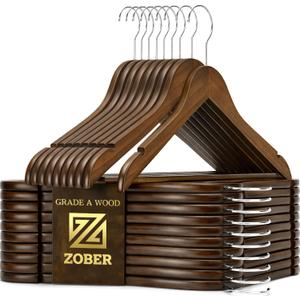 ZOBER Wooden Hangers - Heavy Duty, Non Slip Wood Hangers for Coats, Jackets, Suits, & Pants - Coat Hangers for Closet W/Bar and Notches 20 Pack
