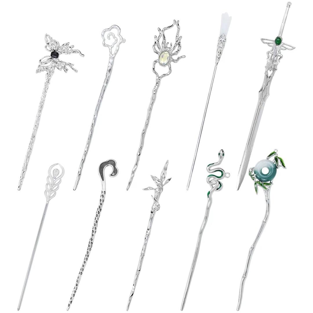 Lawie 8 Pack Silver Metal Hair Sticks Chopsticks Hair Pins Chinese Asian Hanfu Decorative Long Retro Hair Clips Snakes Swords Butterfly Jade Stone Vintage Hair Accessories for Women Girls