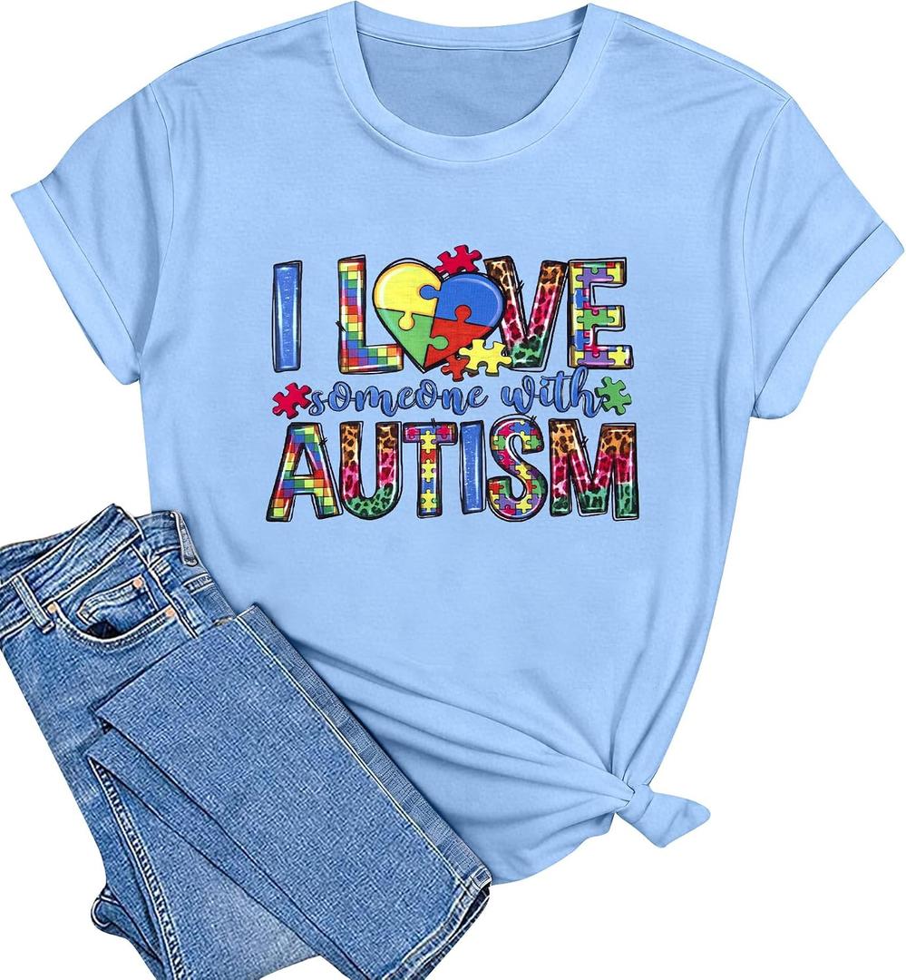 Autism Awareness Shirt Women Autism Shirts Autism Support Tops in April Blue Autism Mom Clothes Special Education Tees (Blue, S)