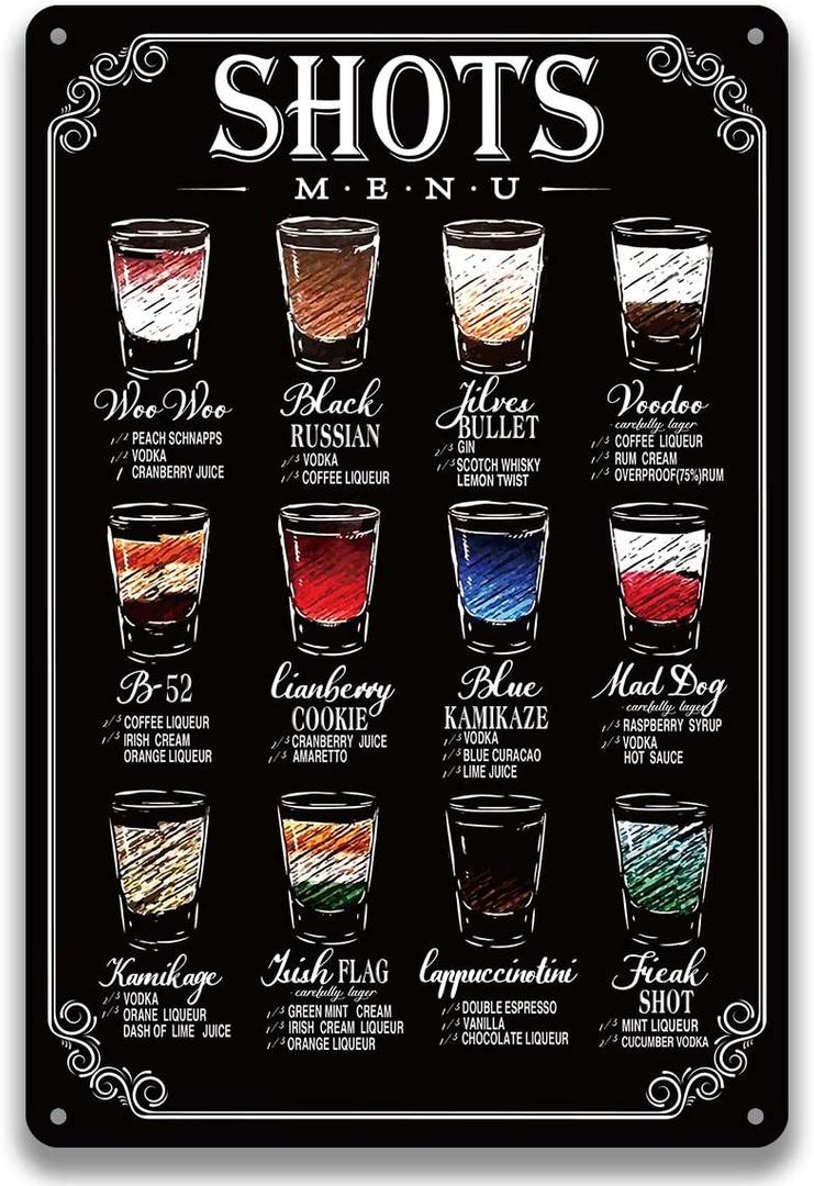 BellowDeer Bar Home Wall Decor Vintage Metal Sign Shots Menu Signs Retro Pub Farmhouse Country Home Man Cave Decor 8X12Inch