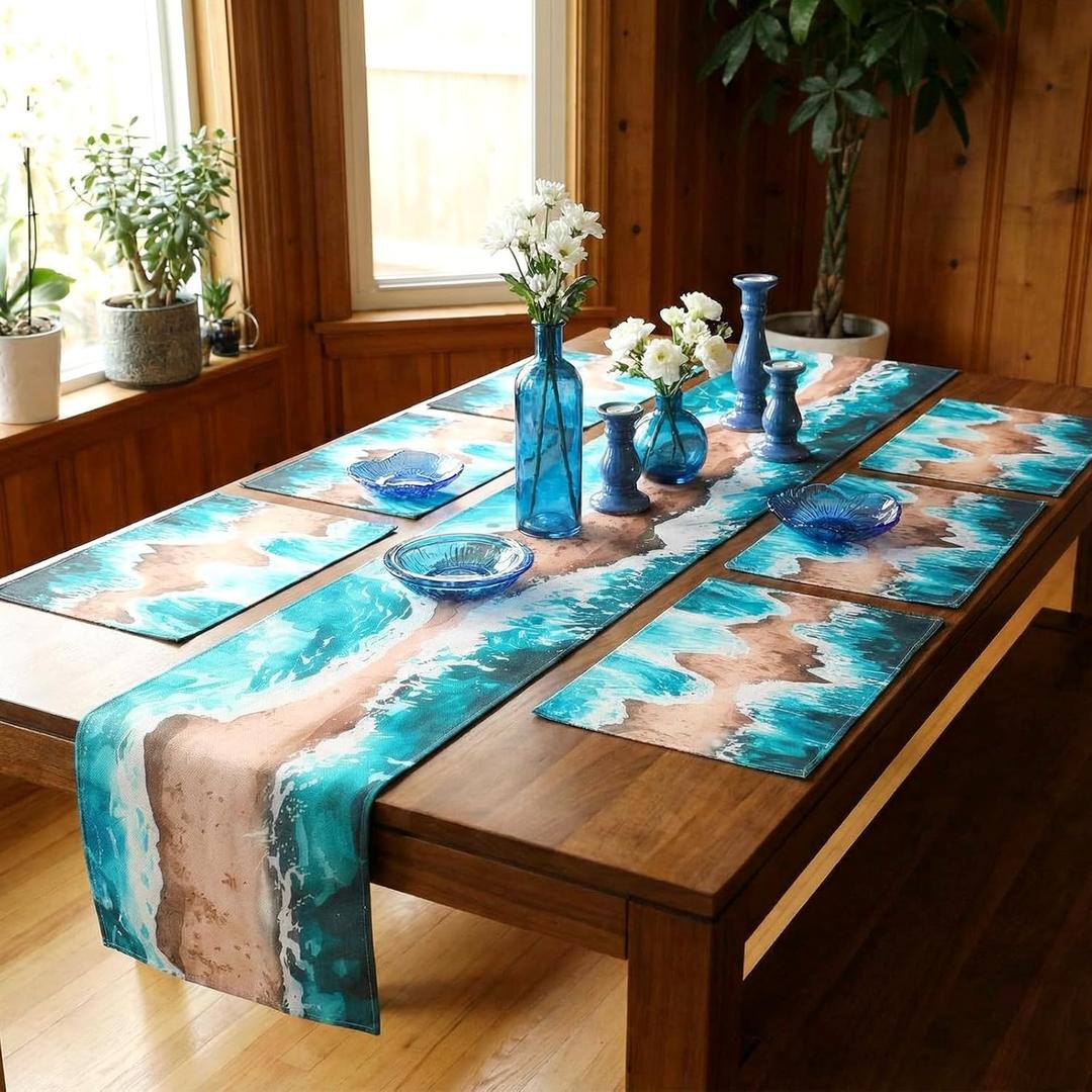 7 Pcs Passover Table Runner and Placemats Set Include 13 x 72 Inch Parting The Red Sea Table Runner and 6 Pcs Placemats Jewish Pesach Decorations Passover Decor for Kitchen Home Party