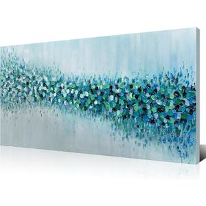 Kalormore Abstract Blue Green Dots Hand Painted Oil Painting on Canvas, Ready to Hang Wall Art, 28x55 Inch