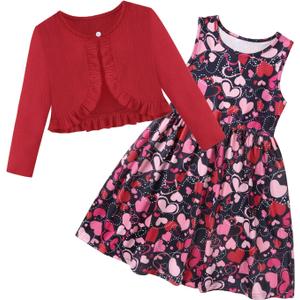 Toddler Baby Girls Spring Dress + Cardigan 2Pieces Outfits Floral Patterned Sundress Solid Long Sleeve Shrug Set (4-5yrs old, Heart-black)