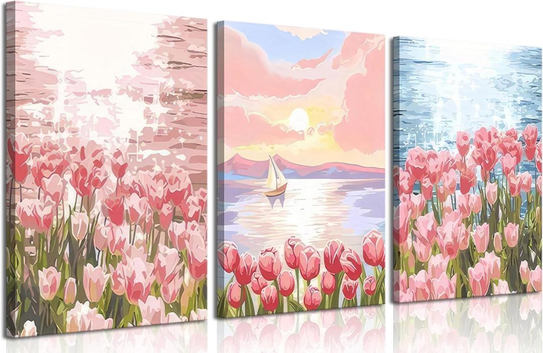 Pack of 3 Pink Tulip Floral Canvas Wall Art Seaside Scenery Wall Decor Pictures Trendy Preppy Room Decor Aesthetic Posters Prints for Living Room Bedroom Girls Dorm Decoration 12x16in