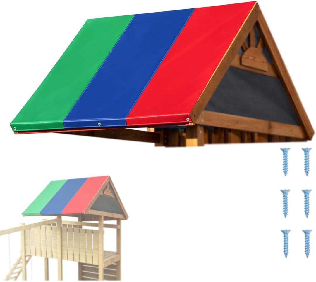 Playset Canopy Replacement, 210D Oxford Fabric All Weather Outdoor Swing Set Top Shade Cover with Windproof Screw Kit for Patio Terrace Backyard Sandbox (Green + Blue + Red)