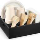 Wood Utensil Holder for Party, 6-Compartment Paper Plate Organizer with Handles, Wooden Silverware Caddy for Picnic, Camping, BBQ, Buffet, and Kitchen Countertop Organization, Black