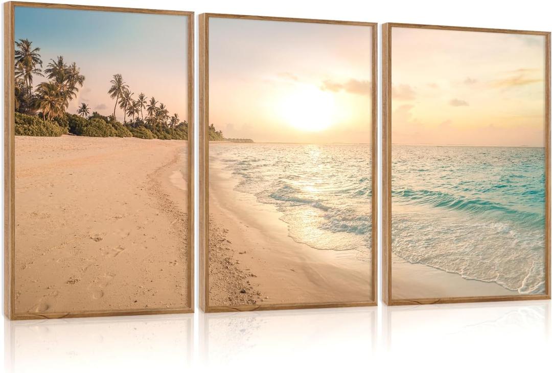 Aurlan Tropical Beach Sunset Framed Wall Art(16"x24"), 3PCS Coastal Ocean Island Canvas Artwork, Vintage Seascape Landscape Scenery Decor Prints for Office Home