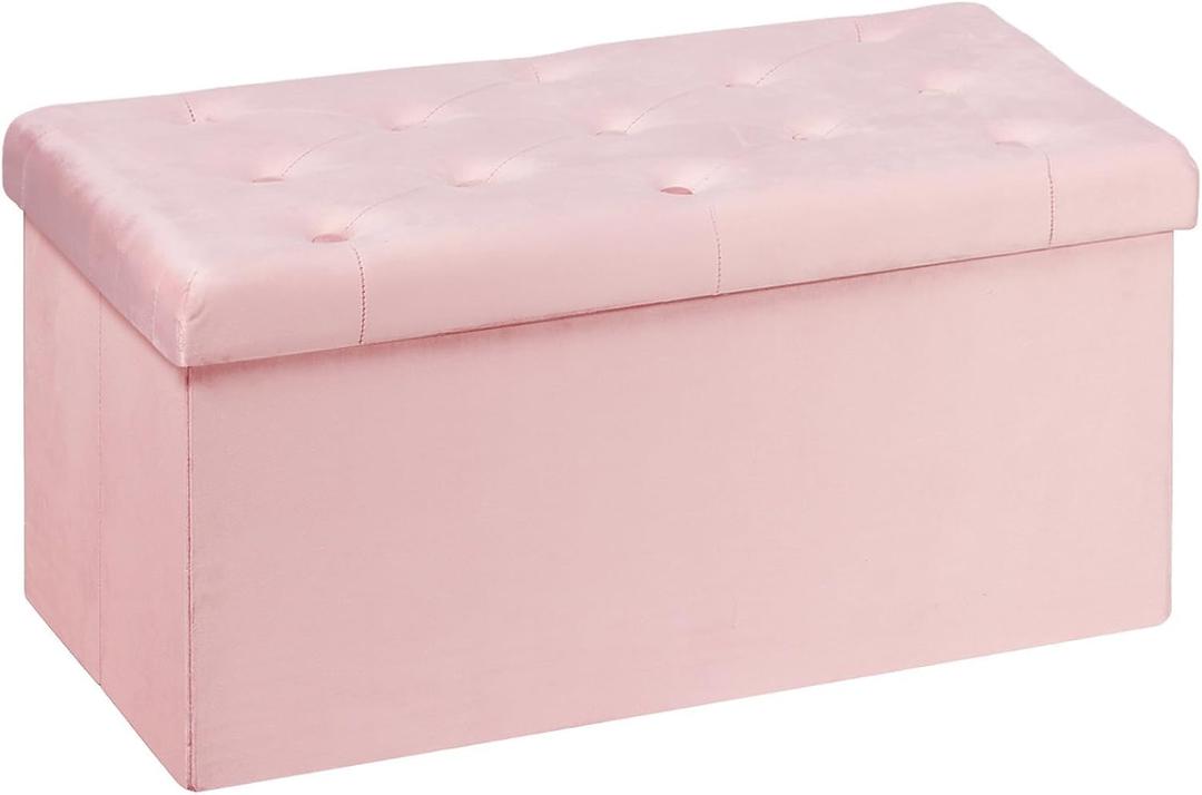 Folding Storage Ottoman, Long Ottomans Shoes Bench, Velvet Storage Chest Footrest Seat 31.5"x15.7"x15.7" (Pink, Large)