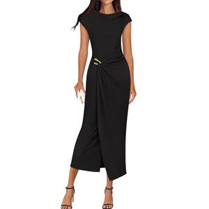 ZESICA Women's 2026 Summer Cap Sleeve Casual Bodycon Dress Elegant Wedding Guest Cocktail Party Long Midi Dresses,Black,Medium