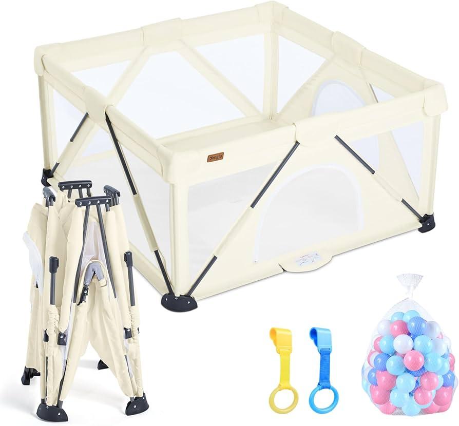 Baby Playpen Foldable, Playard for Babies and Toddlers, Portable Playpen Activity Center with 50 Balls+2 Handles for Travel, Indoor & Outdoor Play Pen with Mesh 59''x71''