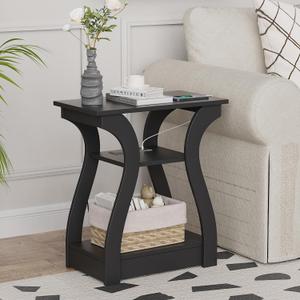 FROMJBEST End Table with Charging Station, Side Table with USB Ports and Outlets, Nightstand, 3 Tier End Table with Storage Shelf for Living Room, Bedroom (Black)