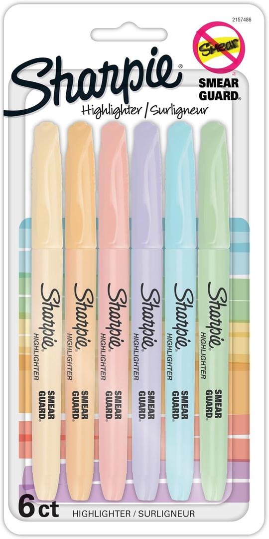 Sharpie Accent Pocket Highlighters, Chisel Tip, Assorted Barrels, Assorted Mild Pastel Ink, Pack of 6 Highlighters