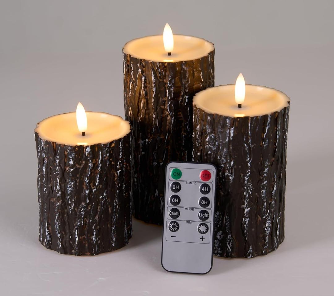 Comenzar Flameless Candles Battery Operated Candles Pine Bark Effect Real Candle Flickering 3D Wick Electric Home Decor Festival LED Candle with Timer 3Pack (Dark Brown)