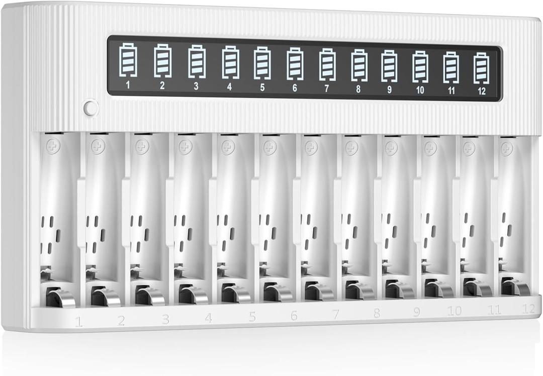 EBL AA AAA Battery Charger 12-Bay Independent LCD Charger for Ni-MH Ni-CD Rechargeable Batteries with Discharge Function