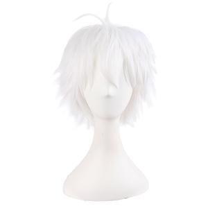 MapofBeauty 14"/35cm Men With Short Hair Tied Ponytail Cosplay Party Wigs (White)