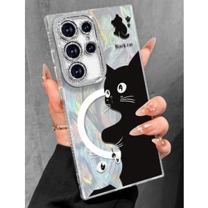 Toycamp for Samsung Galaxy S24 Ultra Case - Compatible with Magsafe Aesthetic Cute Holographic Galaxy S24 Ultra Case with Diamond Bling Lens Protector Cover for Women Girls, Black White Cat
