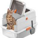 Stainless Steel Cat Litter Box with Lid, Covered Enclosed Kitty Litter Box, Flip Top High Sided Metal Cat Litter Pan with Litter Scoop, Front and Top Entry, Odor Control Leak Proof Easy Clean, White