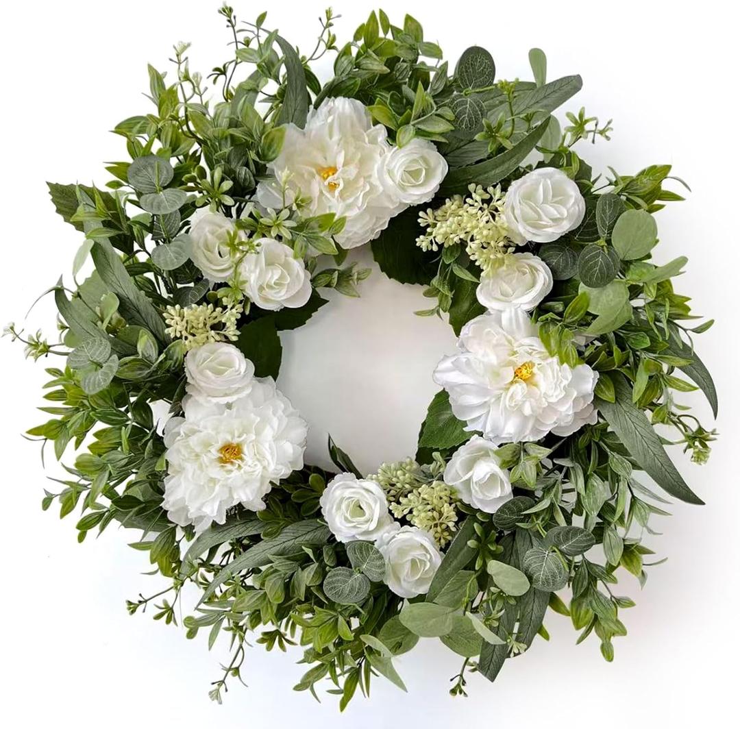 Betylifoy Spring Wreaths for Front Door 24" Artificial Floral Wreath with Dahlia Rose Green Eucalyptus Leaves Wreath for All Seasons Summer Door Wreaths for Outdoor Indoor Farmhouse Wall Home Decor