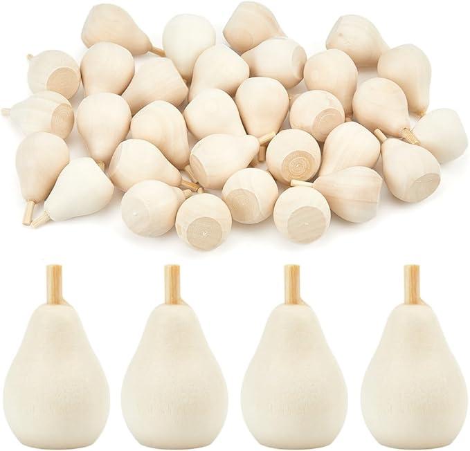 GORGECRAFT 30Pcs Unfinished Wood Pear Graffiti Wooden Artificial Fruit Figures Decorative Blank Wood Unfinished Ornament DIY Painting Crafts for Christmas Tree Decor Doll Fairy Art Projects