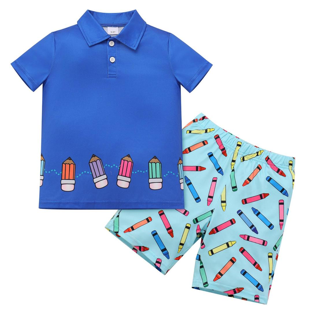 IDOPIP Toddler Boys Back to School Outfit Kids Short Sleeve Pencil Apple Crayon Print Shirt + Shorts First Day of School T-shirts Summer Casual Baby Kindergarten Clothes ﻿ Dark Blue Pencil 2-3 Years (Blue)