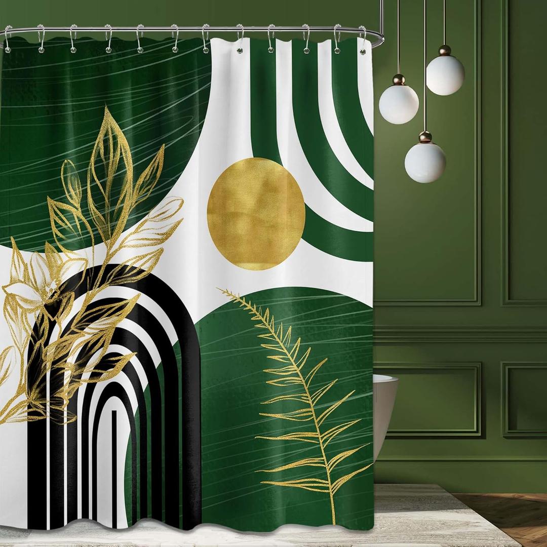 QGHOT Olive Green and Gold Shower Curtain Modern, Boho Mid Century Shower Curtains for Bathroom Decor MCM Minimalist Leaf Simple Bath Curtain Set, Waterproof, Fabric, with Hooks (70''W x 84''L)